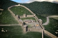 Slika 1:Računalniški model trdnjave na Hrušici, ki so ga izdelali na osnovi arheoloških raziskav in primerjav s sočasnimi trdnjavami. Arhiv Narodni muzej Slovenije (izdelava dr. Peter Kos in Igor Dolinar).